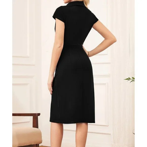Women Bodycon Dress Business Casual Cap Sleeve Pockets V-Neck Knee-Length